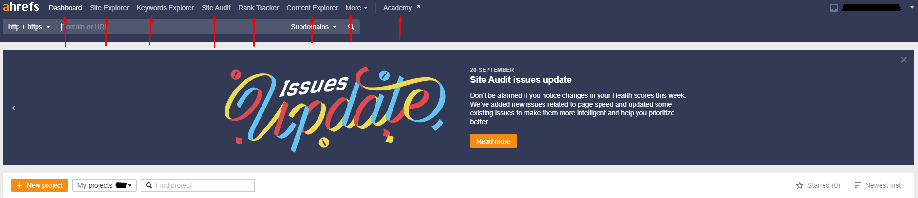 Ahrefs features from its site, pointed out by red arrows